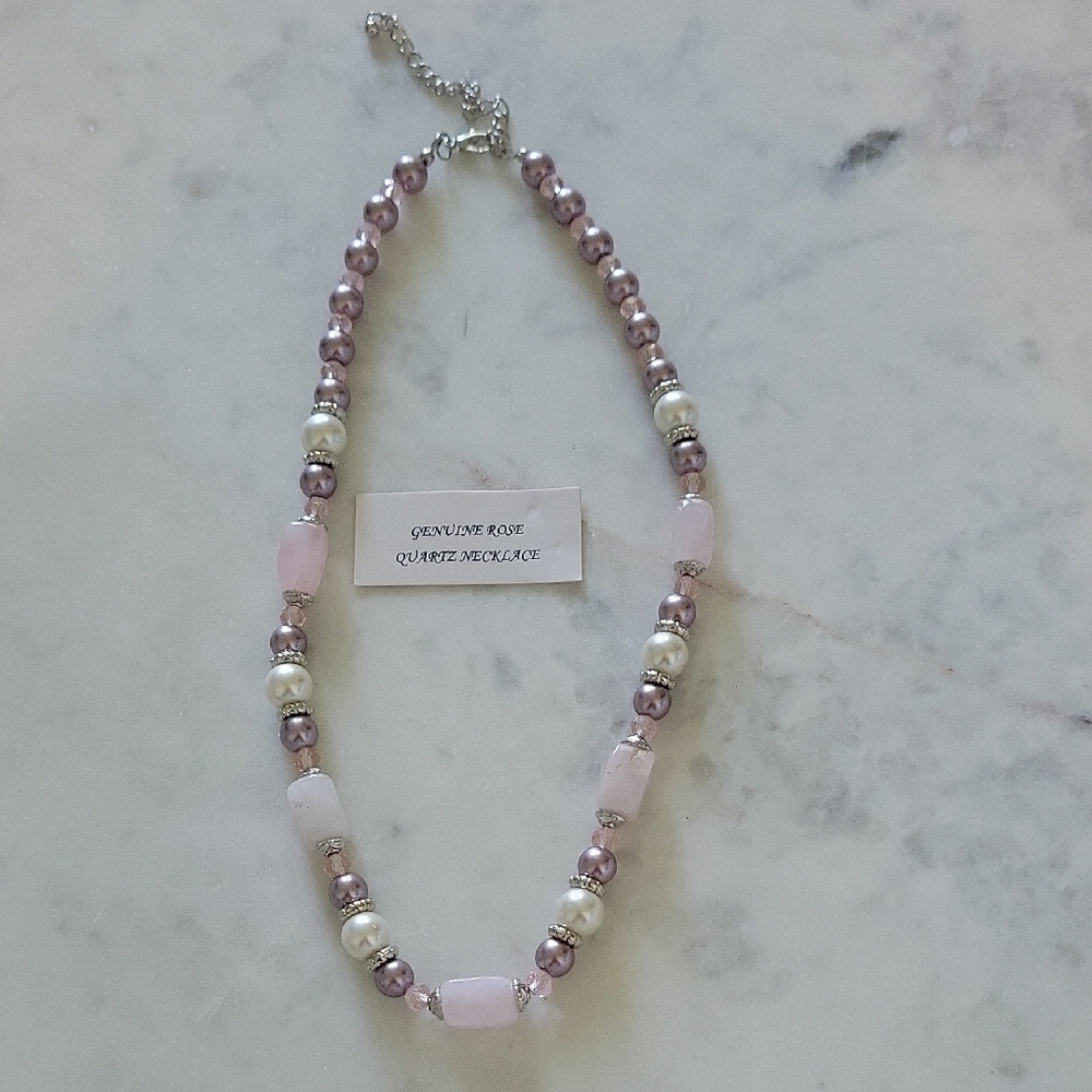 Rose Quartz and Faux Pearl Necklace